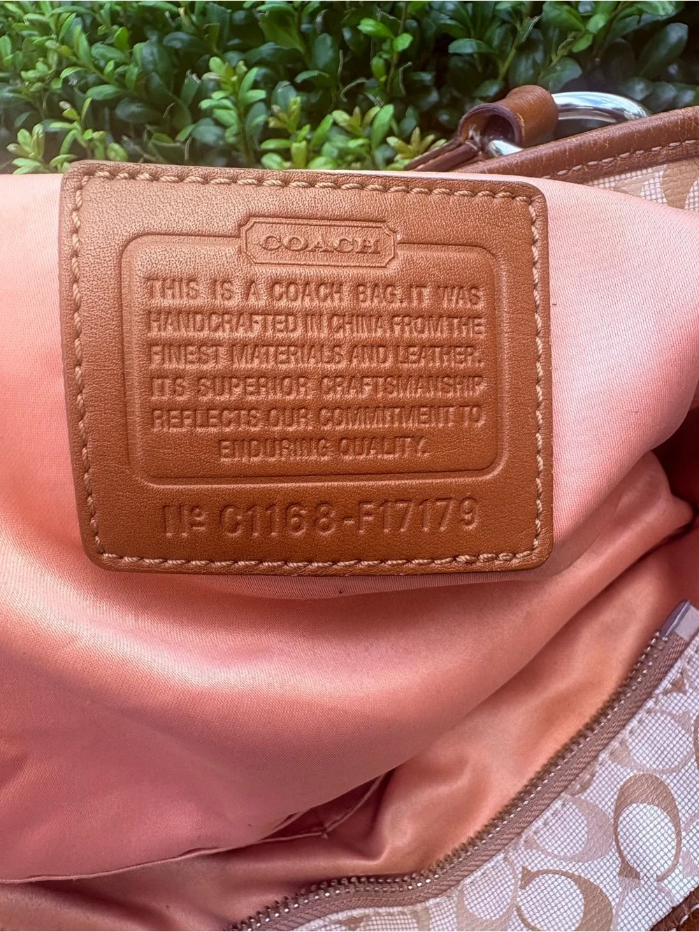 Coach Beige Signature Canvas Shoulder Bag with Brown Trim